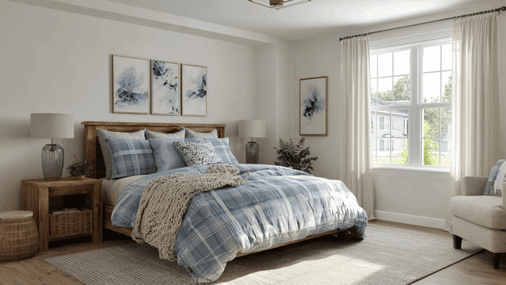 Dusty blue and warm white bedroom with soft traditional charm