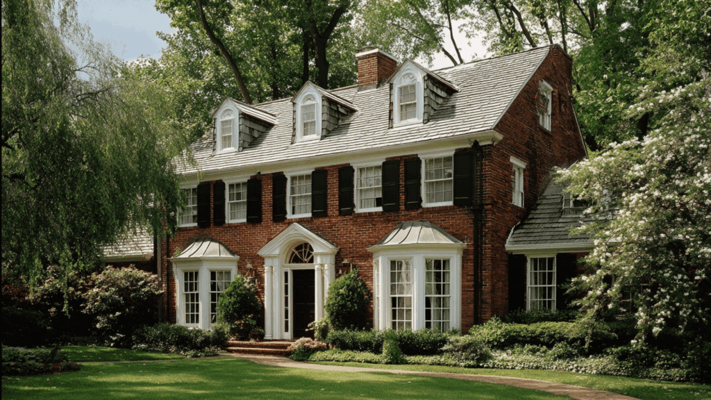 Dutch Colonial home exterior with classic brick or wood clapboard siding.