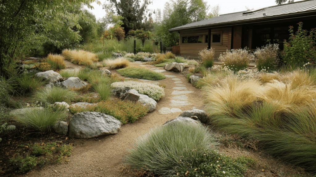 Earth berm swells creating natural garden edges with grasses and soft curves