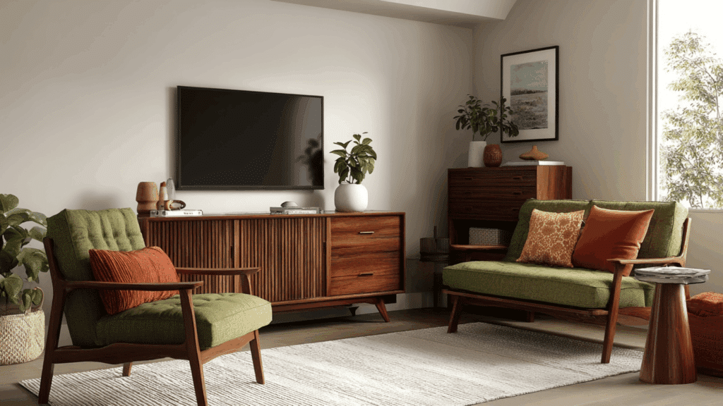 Earth tone mid century modern living room with olive and rust accents