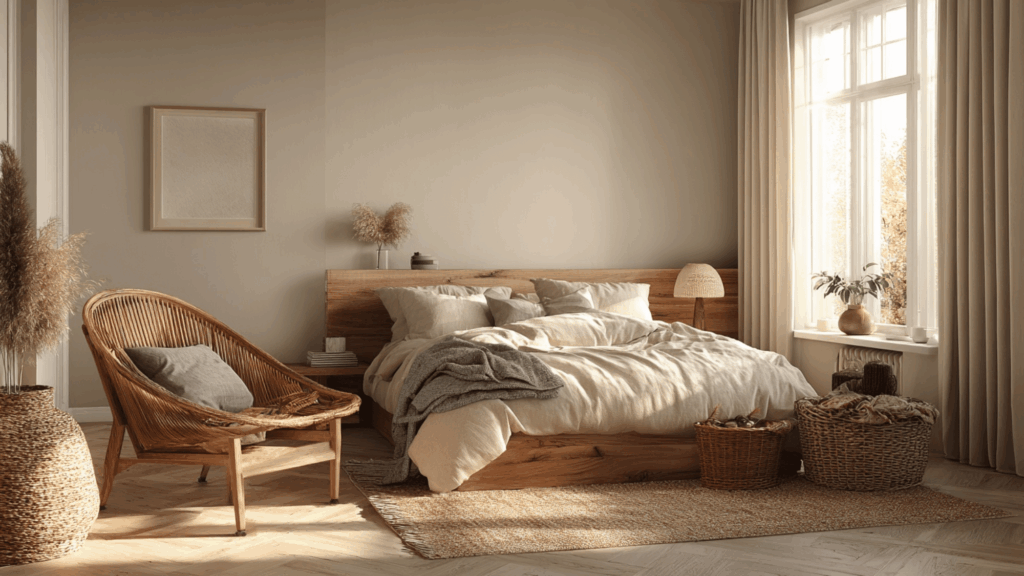 _Earthy neutral bedroom with woven decor and warm tones