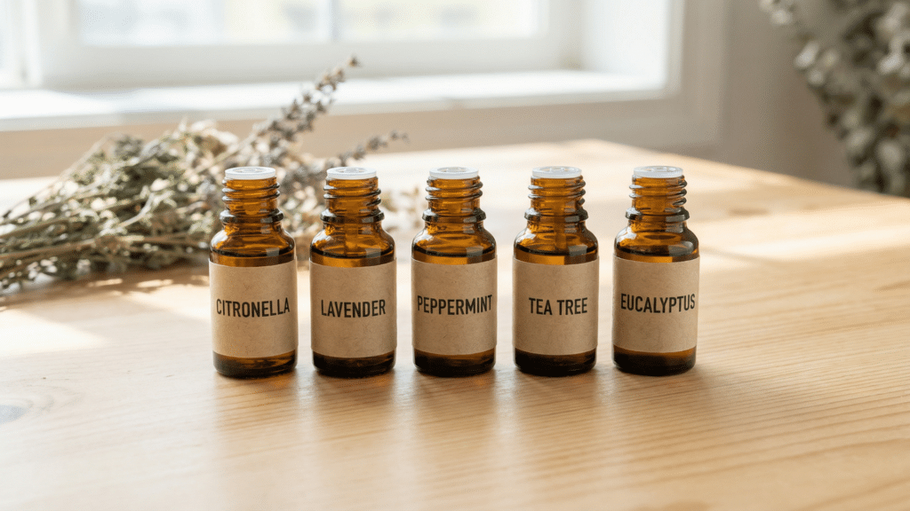 Essential oils commonly used to repel mosquitoes naturally kept on a table