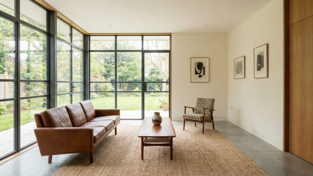 Example of a modern design living room with clean lines and neutral tones