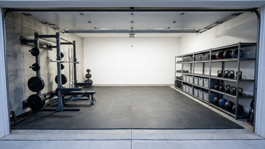 Expandable half garage gym layout with rack on one wall and open space reserved for future equipment