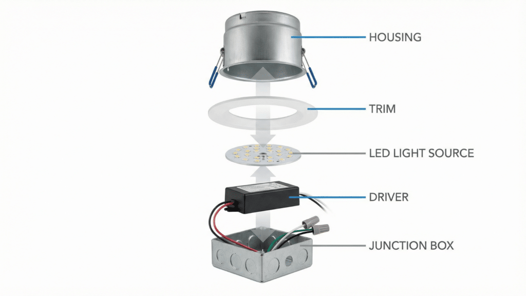 Exploded view of recessed lighting components and parts