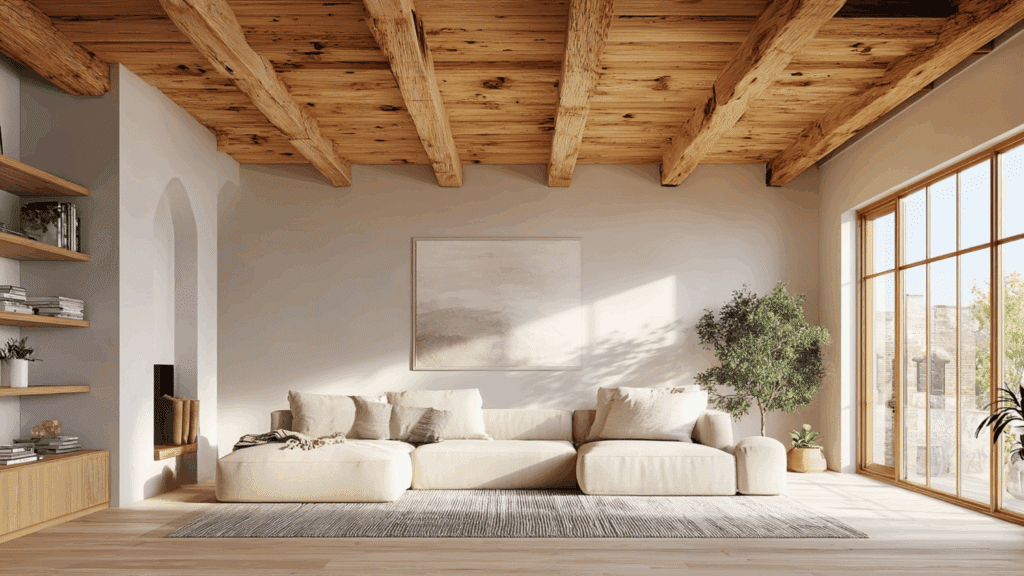Exposed wood beams adding warmth to a bright organic modern living room