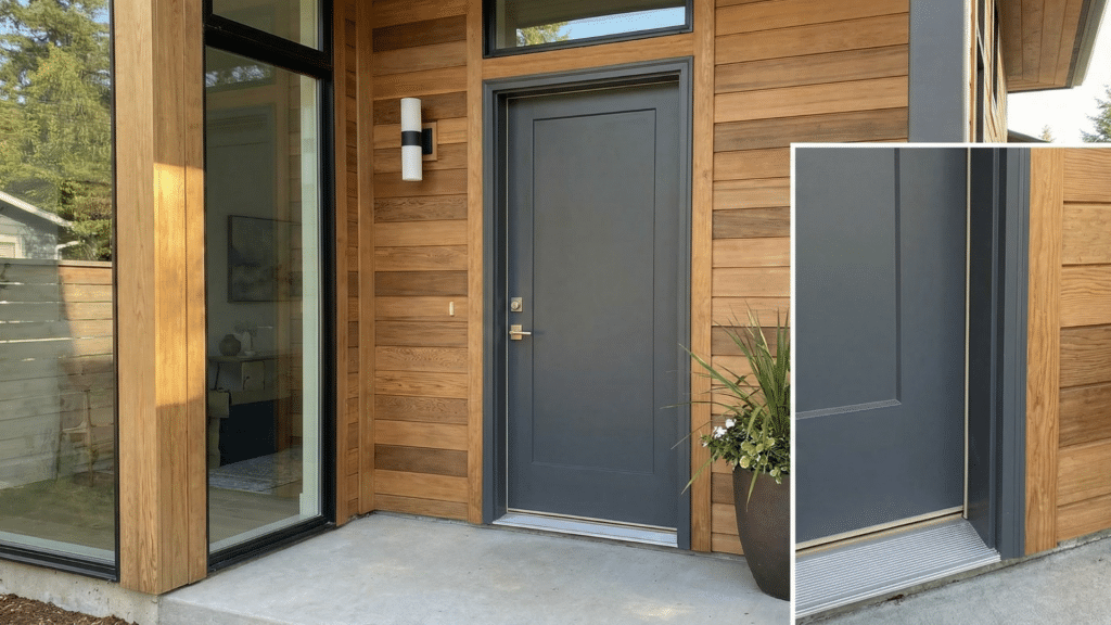 Exterior prehung front door with frame and threshold installed
