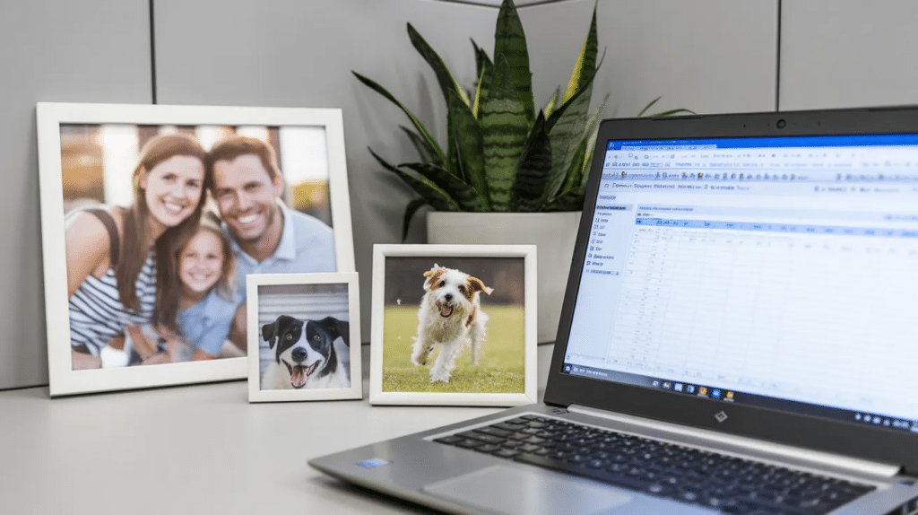Family and pet photos on a cubicle desk