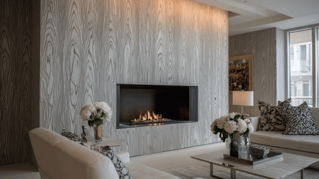 Faux bois cement fireplace wall with modern clean minimalist décor