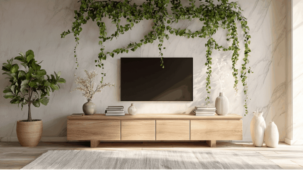 Faux greenery vine decor adding softness to a minimalist TV console.