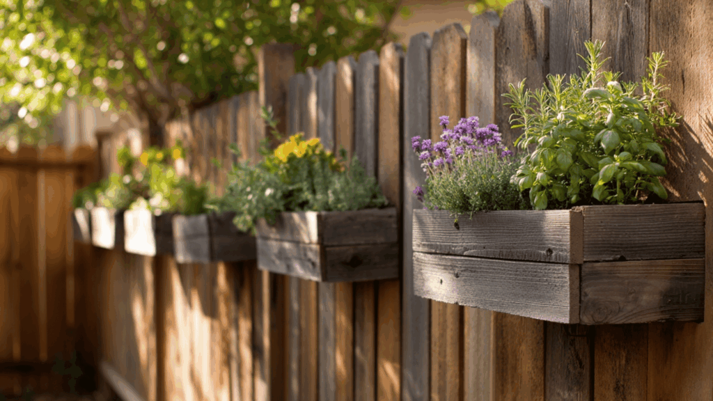Fence-mounted planter boxes growing flowers and herbs outdoors
