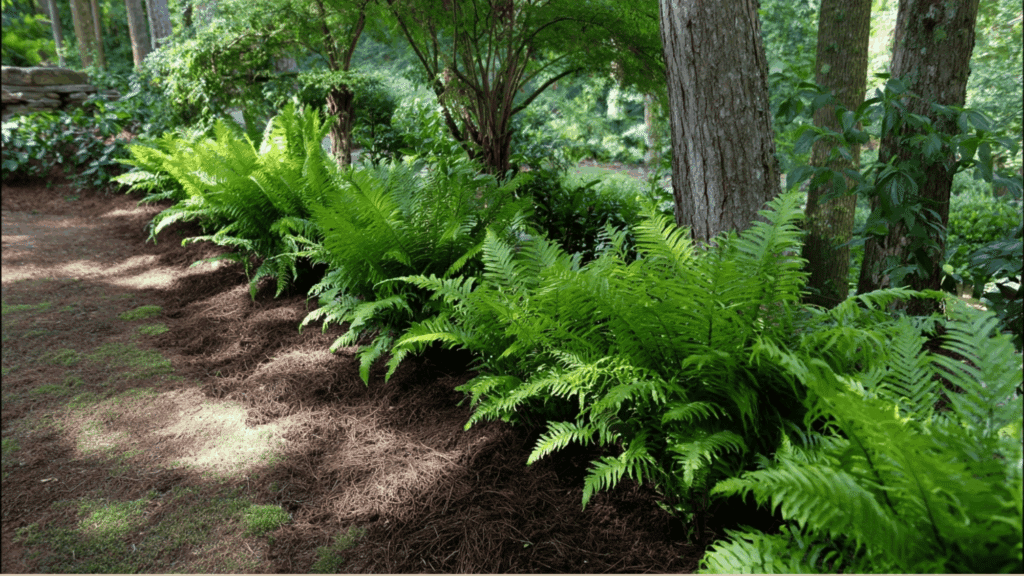 Fern plants creating soft shaded garden borders