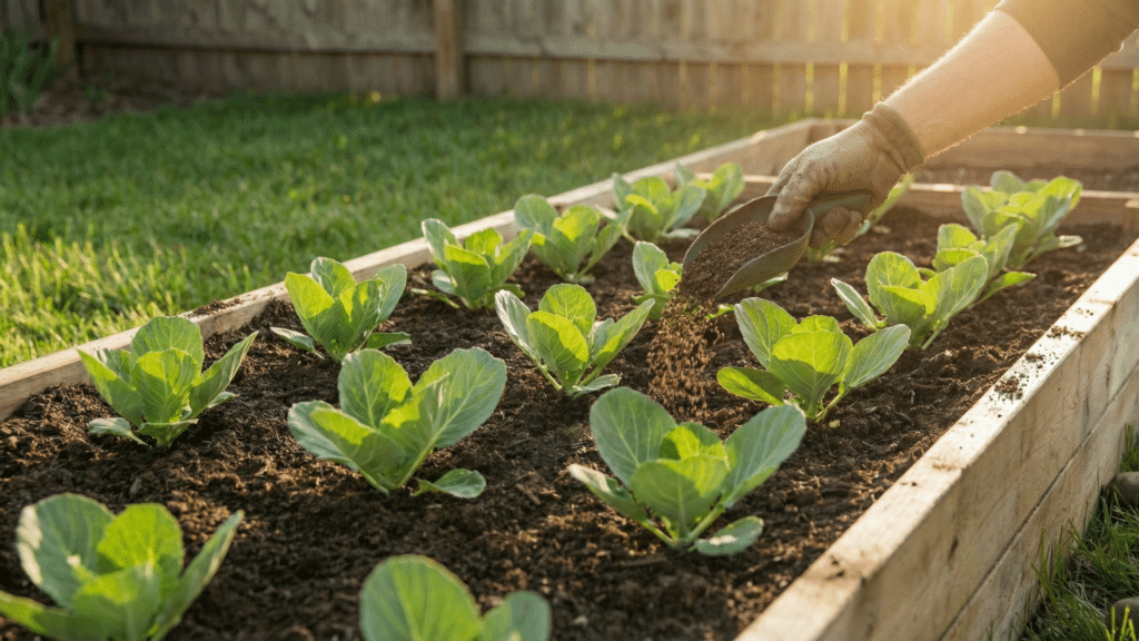 Fertilizer being applied around growing cabbage plants in the garden