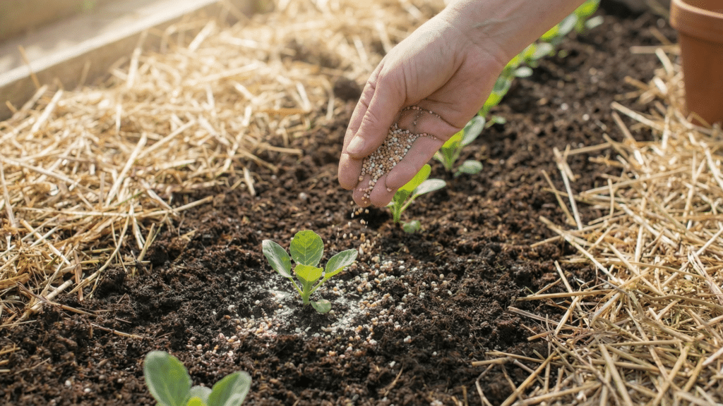 Fertilizing Brussels sprout plant in the garden