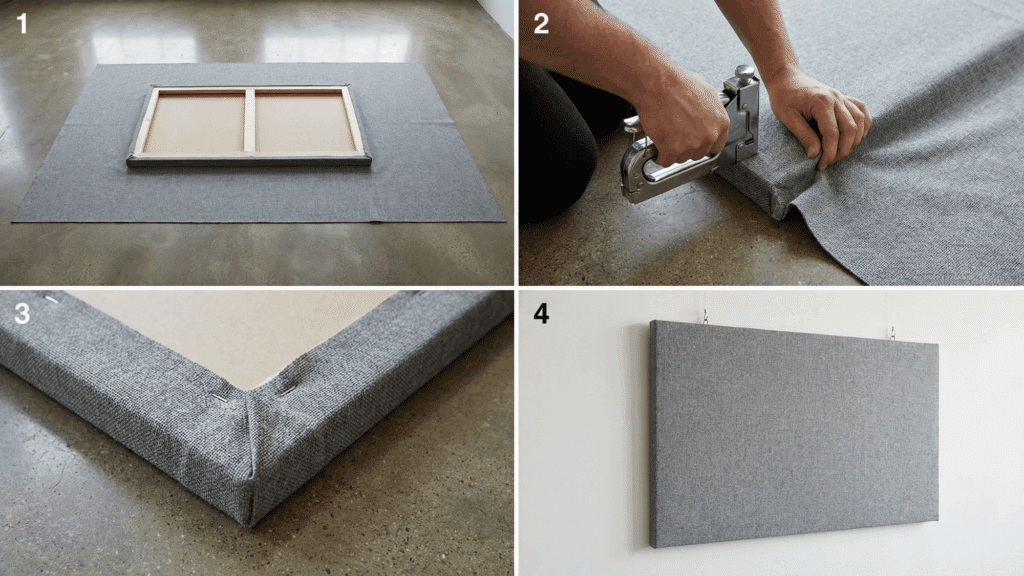 Finished acoustic panel wrapped in fabric and hung on wall. (1)