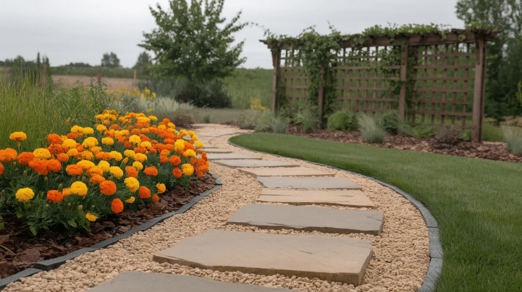 Flagstone and gravel path winding through a landscaped garden