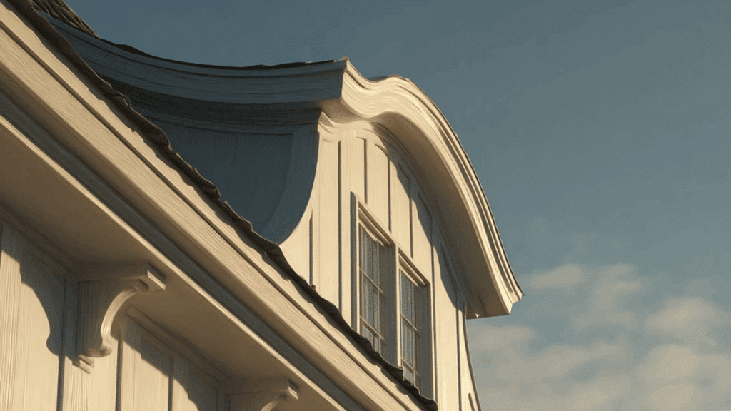Flared eaves detail on a Dutch Colonial roof with curved overhang edges.