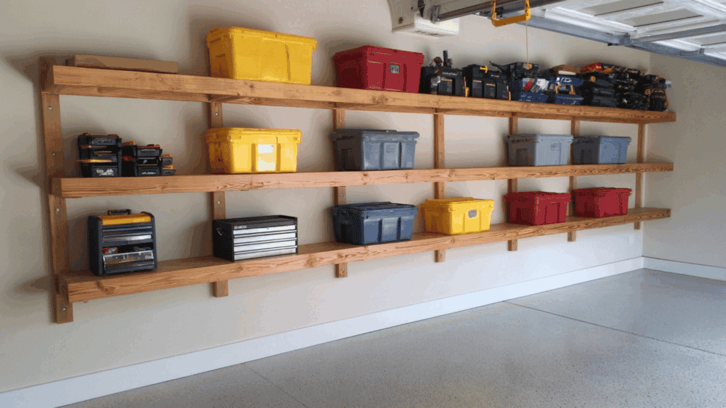 Floating garage shelves mounted on wall with clear floor space