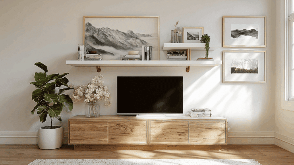 Floating shelves styled neatly above a modern TV stand. (1)
