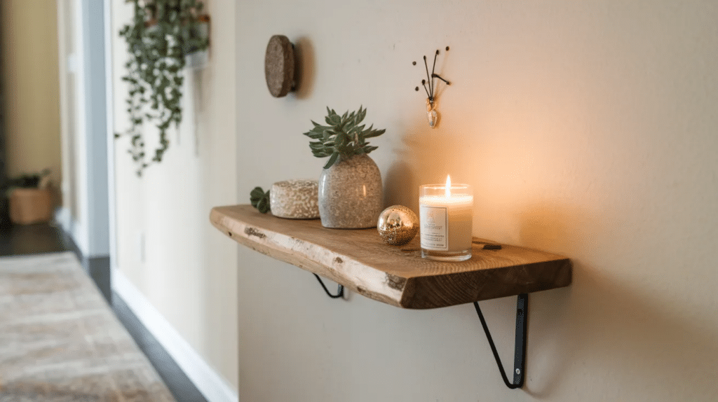 Floating shelves with simple decor in hallway