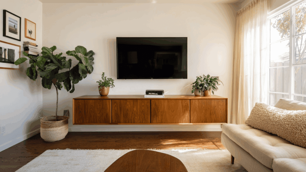 Floating wood media console in mid century modern living room