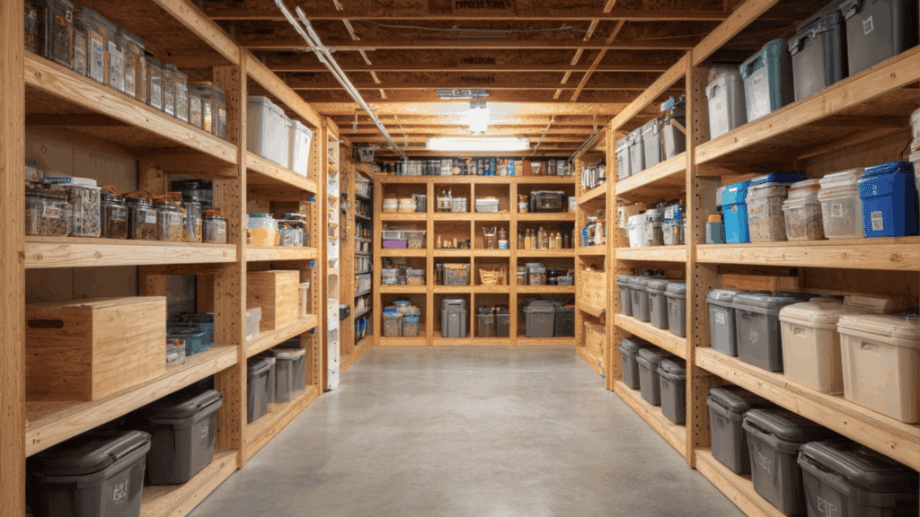 _Floor-to-ceiling garage shelving wall with organized bins