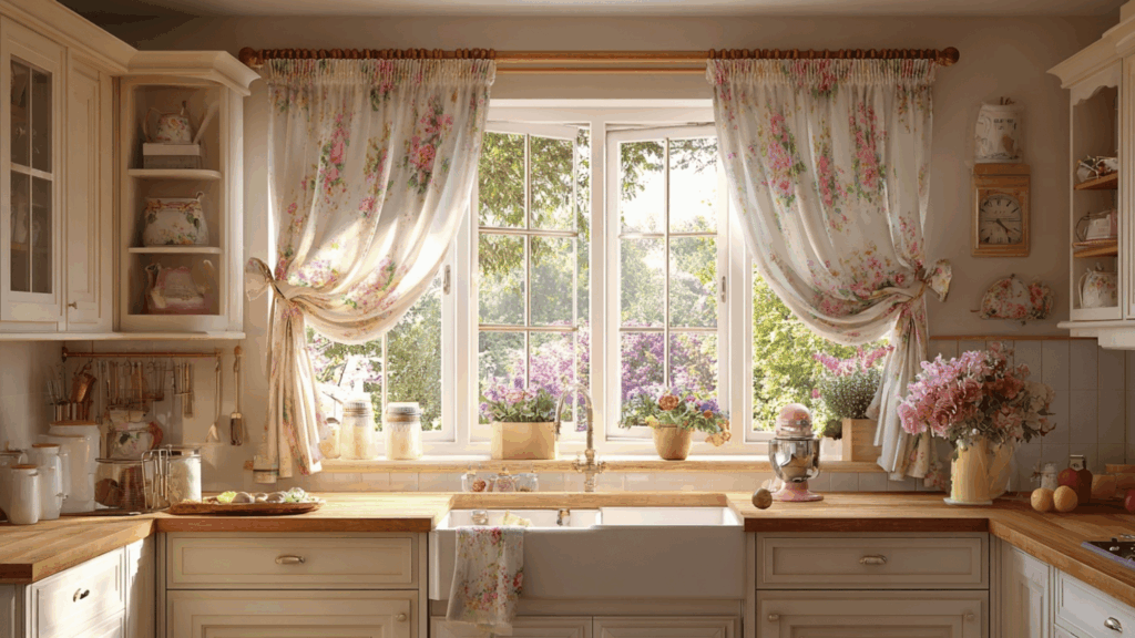 Floral café curtains in a charming cottage kitchen