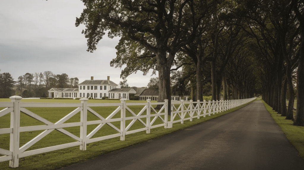 Formal estate fence with crossbuck X-pattern along a driveway
