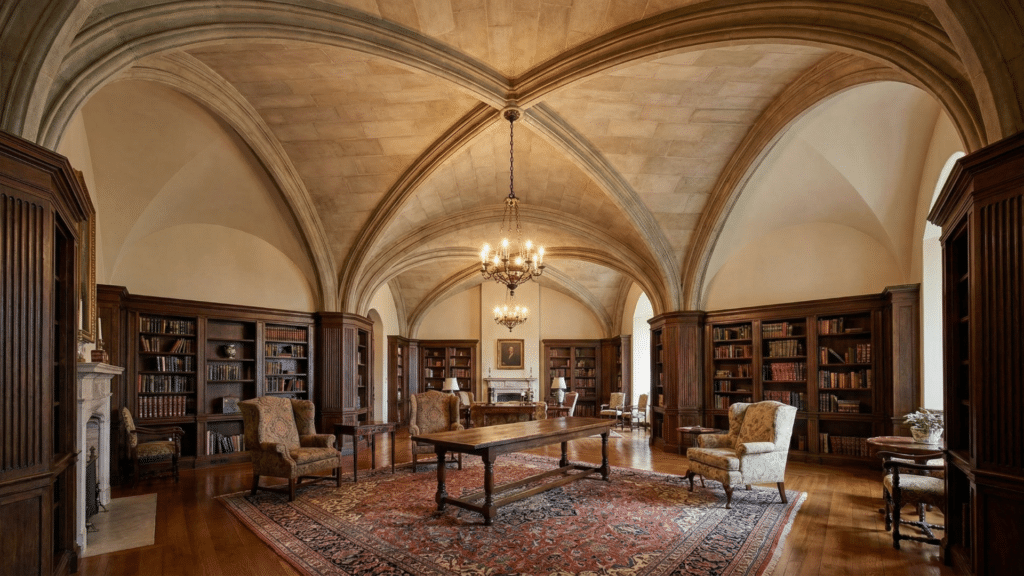 Formal room with intersecting barrel vaults forming a groin vaulted ceiling and visible curved X-shaped patterns