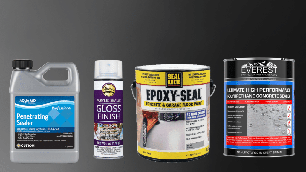 Four containers of concrete and surface sealers, including Penetrating Sealer, Acrylic Gloss Finish, Epoxy-Seal floor paint, and Polyurethane Concrete Sealer