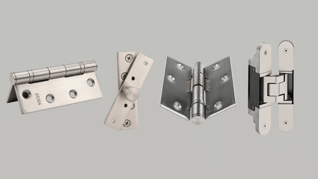 A Guide to Different Types of Hinges Four different types of stainless steel door hinges are displayed horizontally against a plain gray background