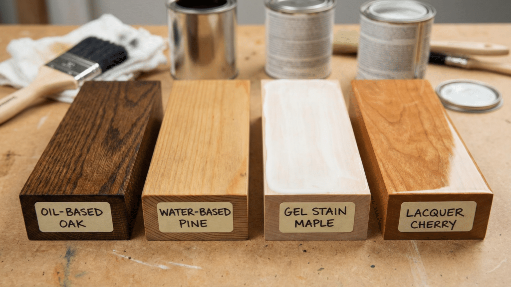 Four wood samples labeled oil-based oak, water-based pine, gel stain maple, and lacquer cherry sit on a workbench near cans of finish and a paintbrush