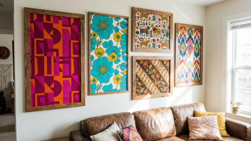 Framed fabric panels with bold patterns used as colorful DIY wall art