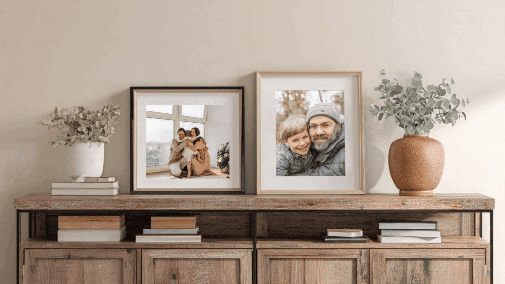 Framed family photos arranged neatly on a living room TV stand.