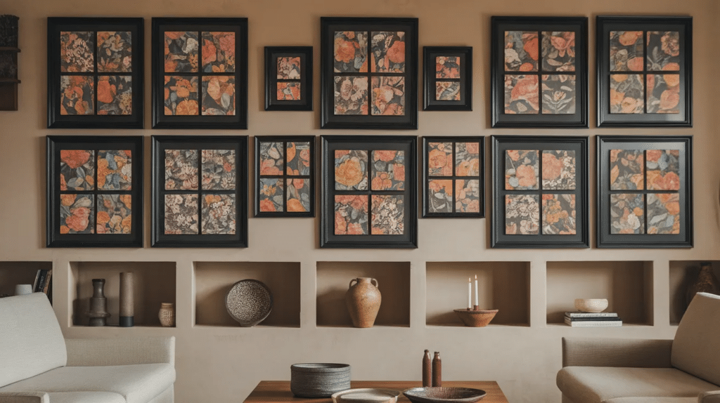 Framed gift wrap and wallpaper prints arranged in a grid as DIY wall art