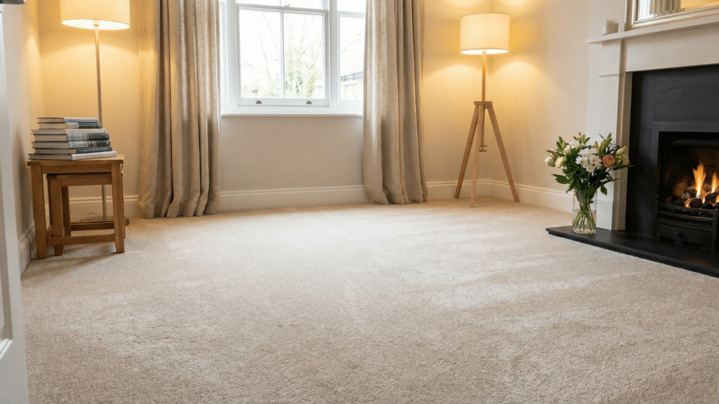 Fresh and clean living room with fully dried carpet after proper care