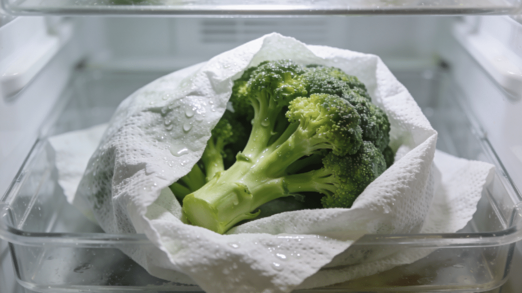 Fresh broccoli head wrapped in a damp paper towel inside a clear refrigerator crisper drawer