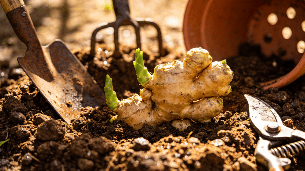 How to Plant Ginger at Home? Fresh ginger roots with shoots on soil beside gardening tools