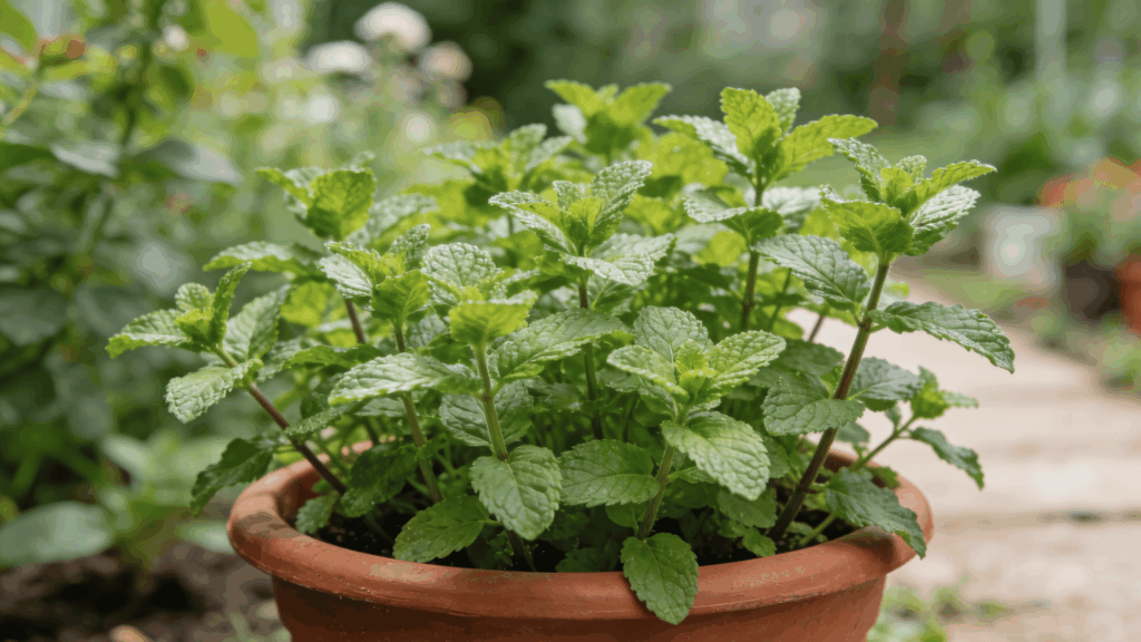 Fresh mint plant growing in a terracotta pot in a sunny garden.