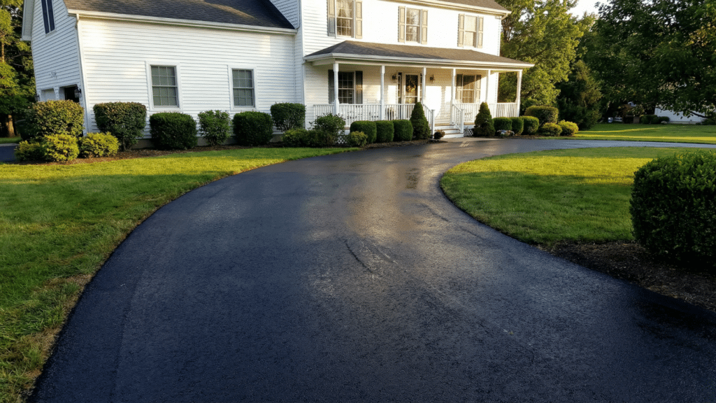 Freshly paved asphalt driveway in a residential setting