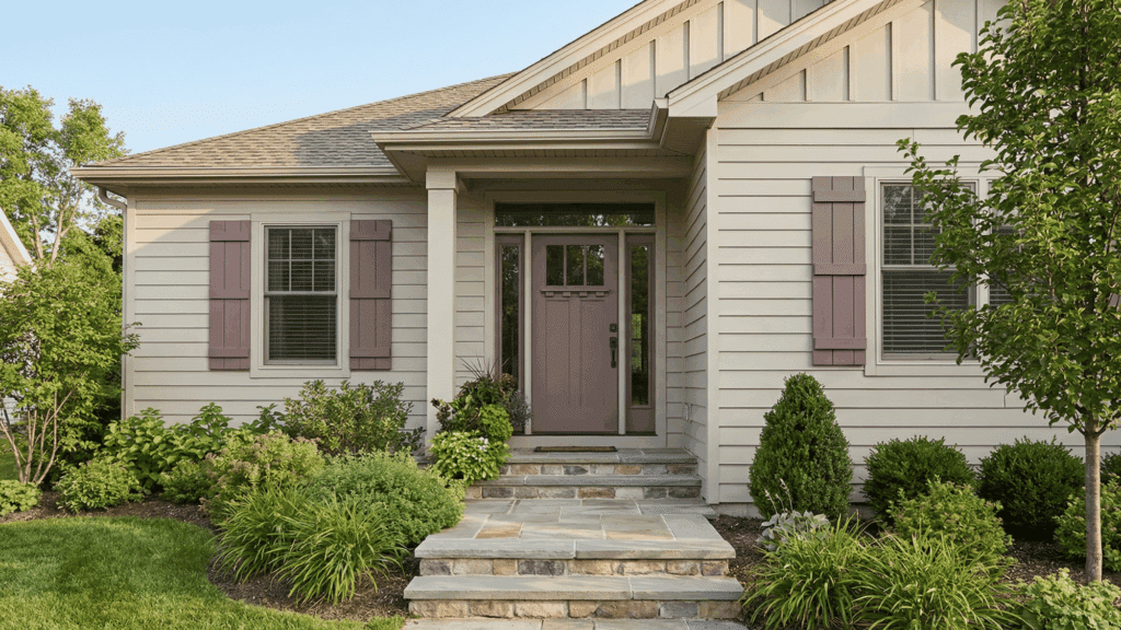 Front door painted Cinnamon Slate with light siding and stone path.