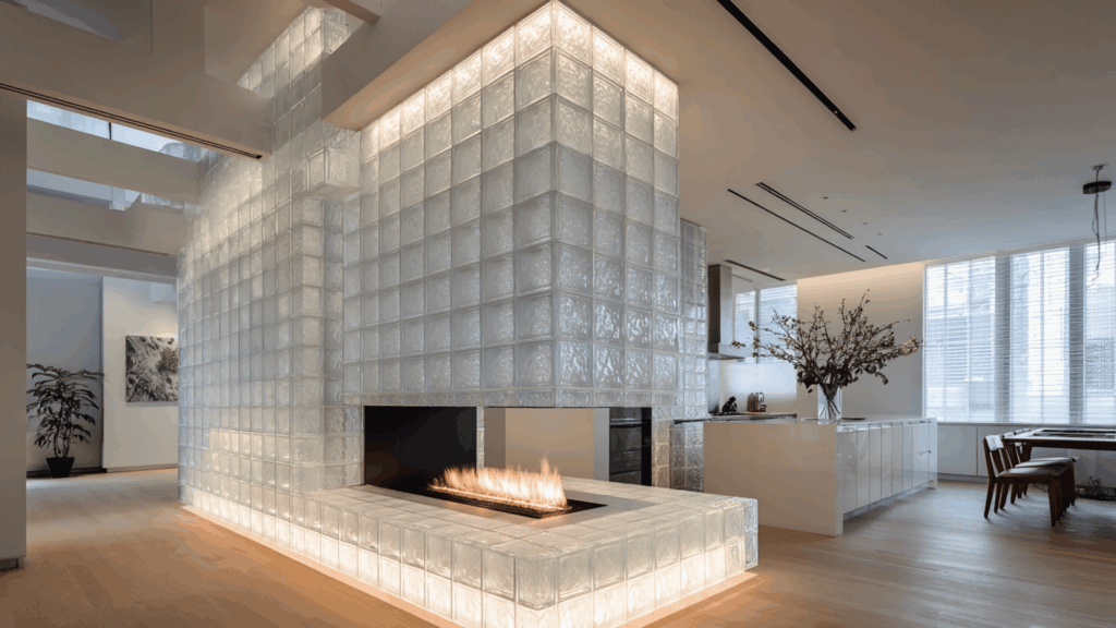 Frosted glass block fireplace partition wall in modern open living space