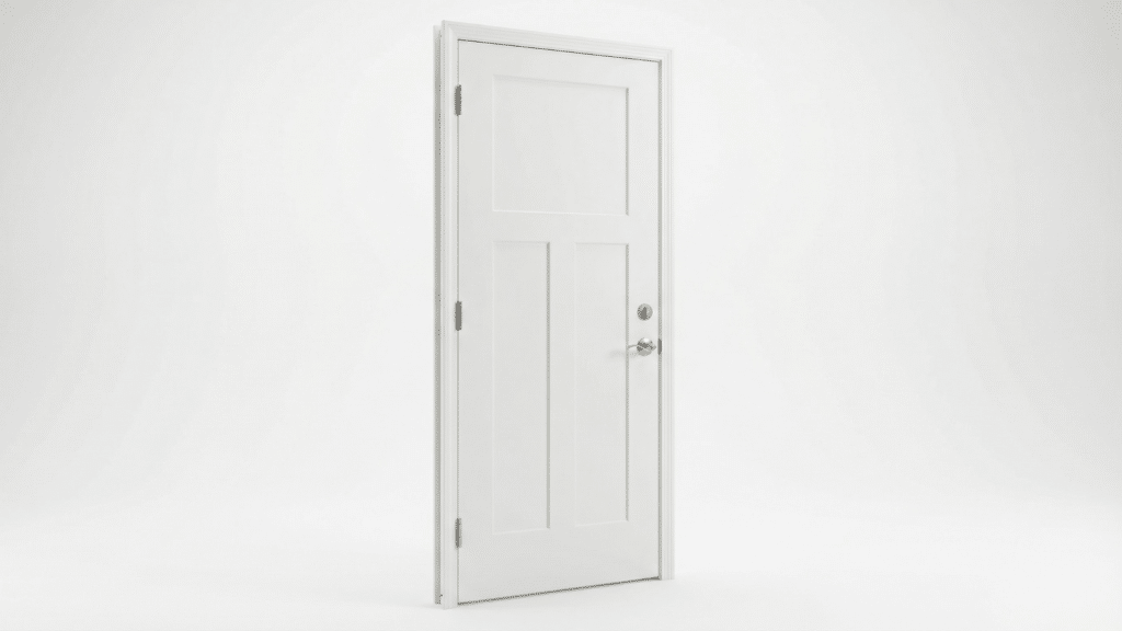 Fully assembled prehung door with attached frame and visible hinges