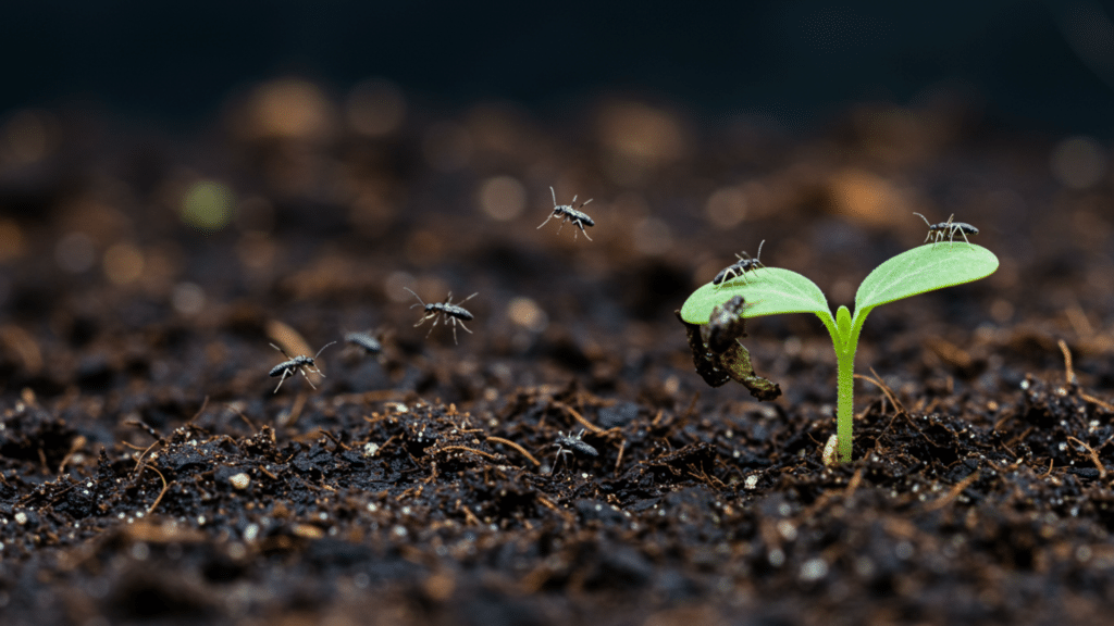 Fungus gnats above damp soil near a struggling houseplant seedling.