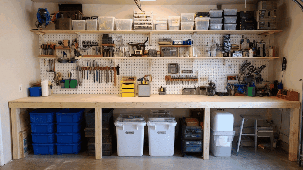 Garage workbench with built-in shelves above and below (1)