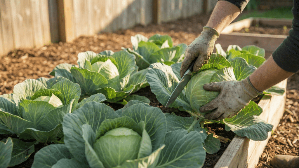Garden scene showing a cabbage head being harvested with a knife at the base of the plant
