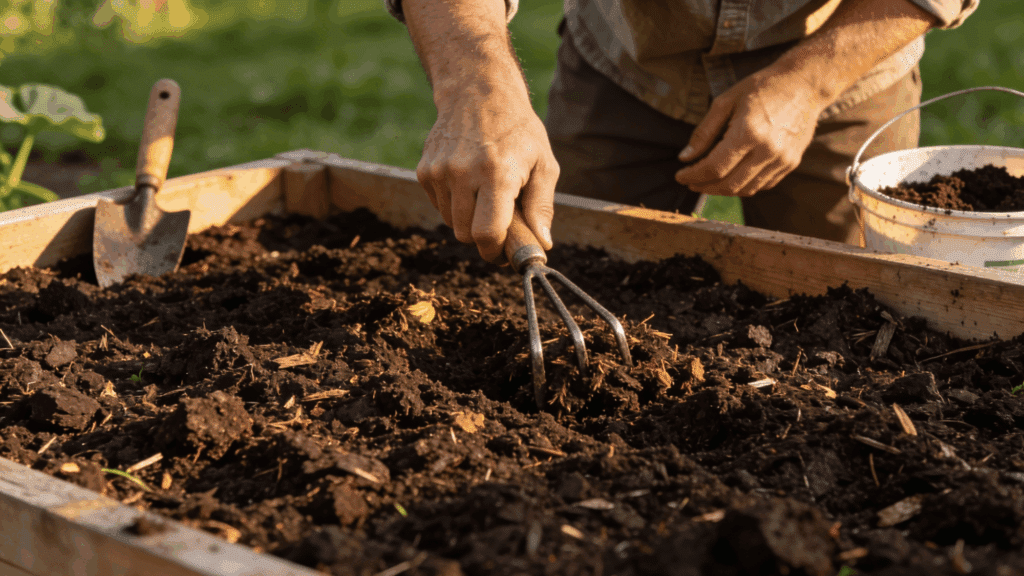 Gardener preparing rich compost soil in a raised bed for vertical squash planting.