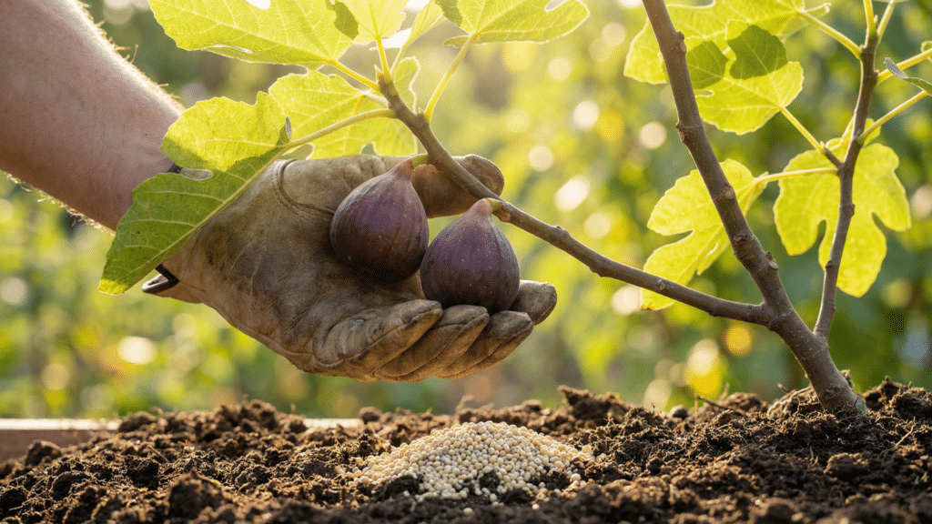 Gardener's gloved hand holds two ripe purple figs from a small fig tree branch above dark soil with a pile of light-colored granular fertilizer