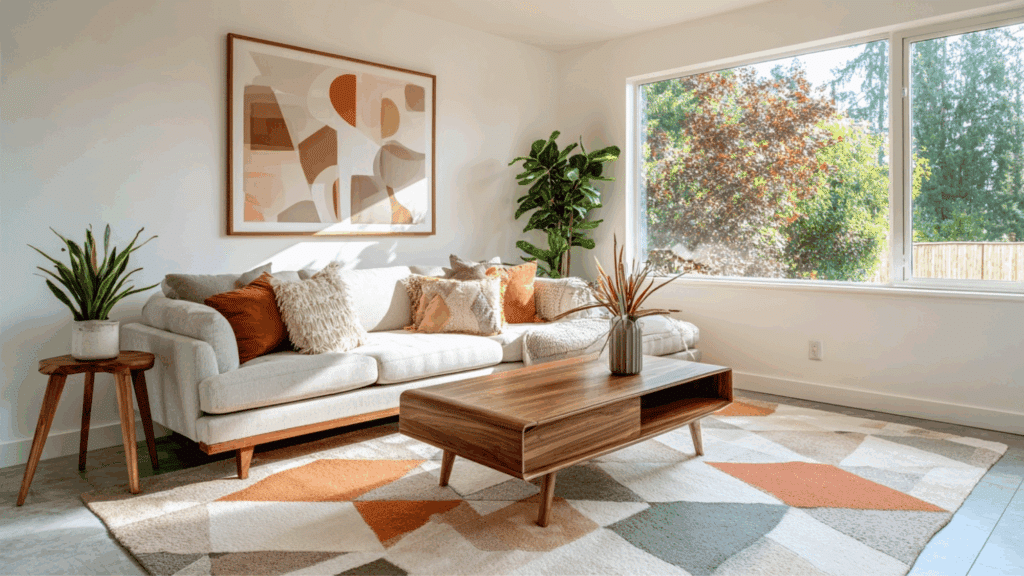 Geometric patterned rug in mid century modern living room