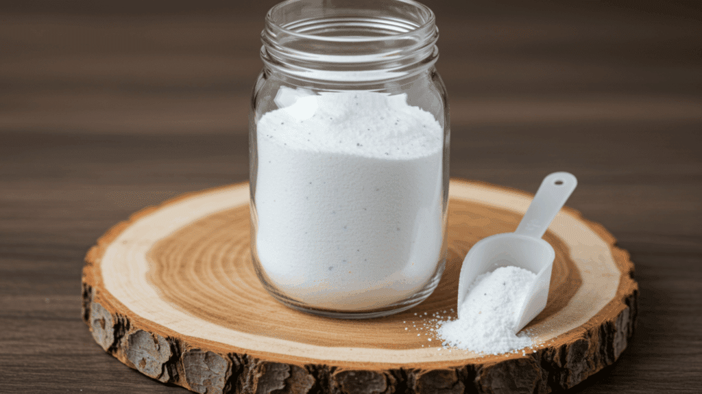 Glass jar filled with homemade powdered laundry detergent next to a small white scoop on a wood slice.
